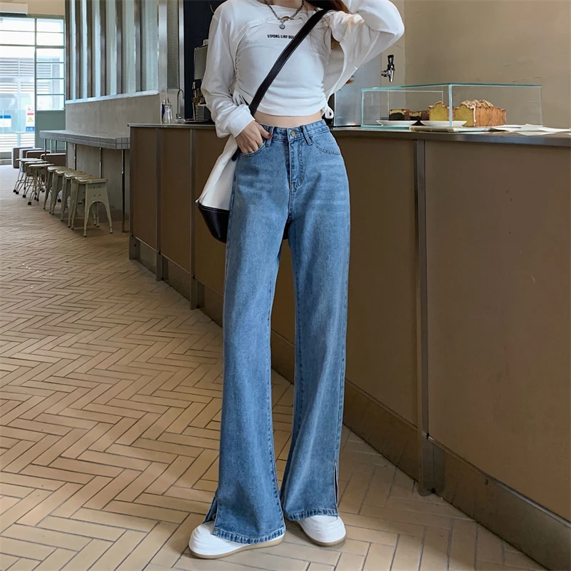 N1436  High-waisted wide-leg jeans women's new loose slits are thin and small straight wide-leg pants jeans