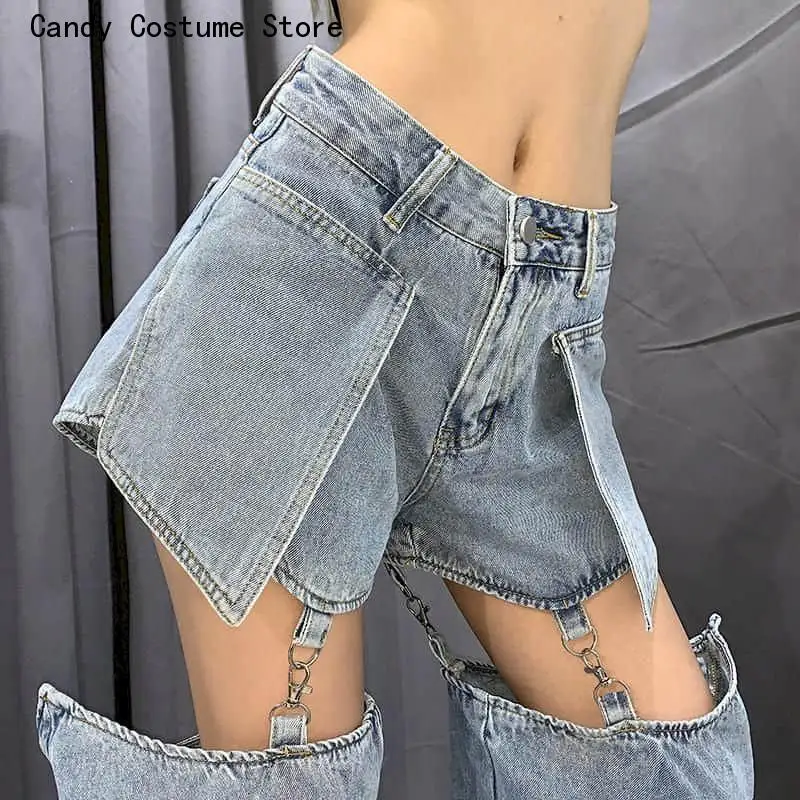 Personality Stitching Shorts Retro Detachable Denim Trousers Female BF Straight Loose High Waist Slim Pants Spring Sexy Design
