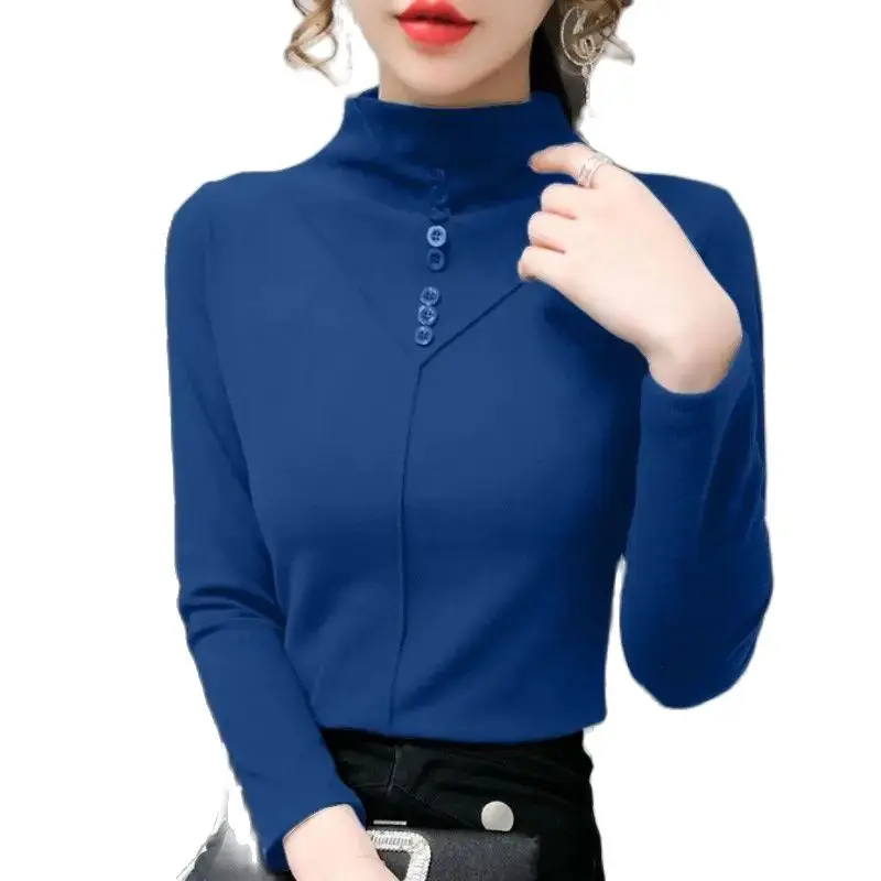 

Double-sided Velvet Autumn And Winter Korean Version Of The New Slim Solid Color Buttons Long Sleeve Warm Bottoming Shirt Women'