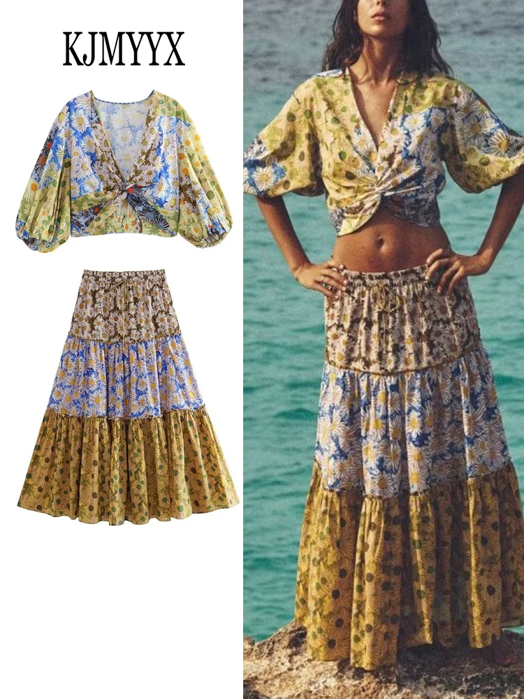 

KJMYYX 2 Piece Skirt Sets Women Elegant Blouses Shirts Tops 2023 Summer Print Drawstring Bow Poplin Female Fashion Tops Clothing