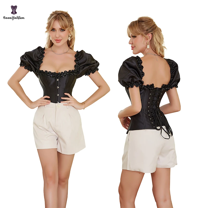 Solid Black Satin Corselet 12 Plastic Boned Lace Up Corset Top With Short Sleeve Plus Size S-6XL Burlesque Gothic Korset Women
