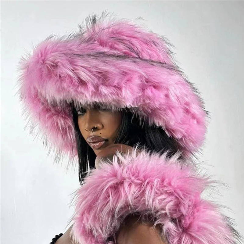 

Winter New Women European And American Warm Thickened Furry Bucket Hat Imitation Raccoon Fur Hat Big Brim Plush Bucket Hat