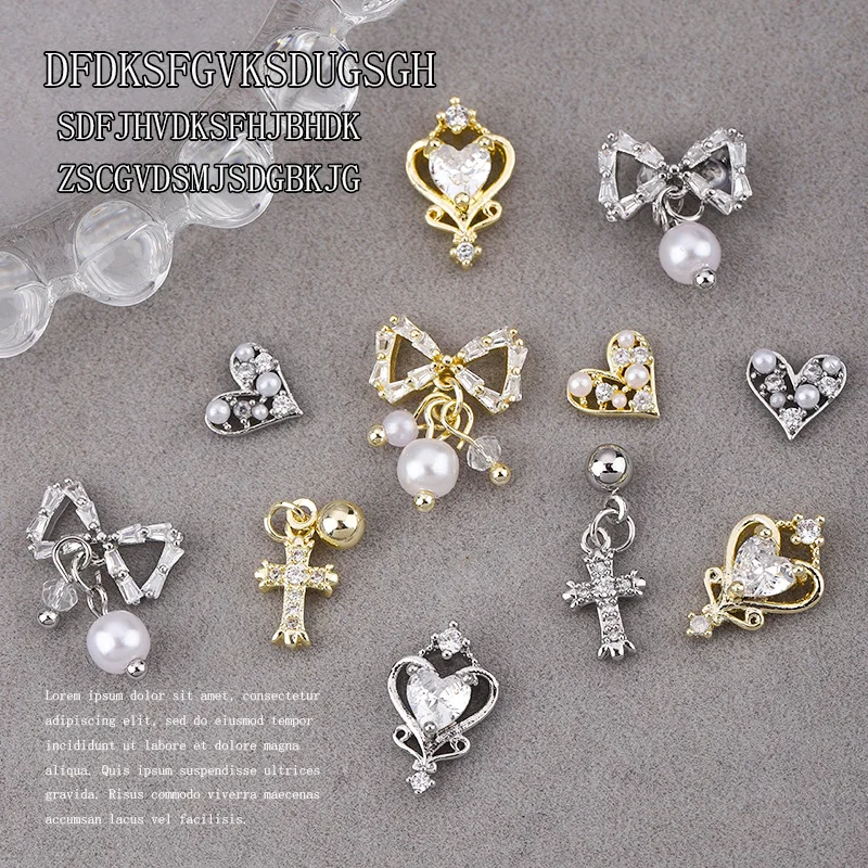 

2pcs Nail Art Zircon Decorations Bow Love Cross Chain Nail Jewelry Gold Silver Metal Pearl Diamond Luxury Nail Charms Accessorie