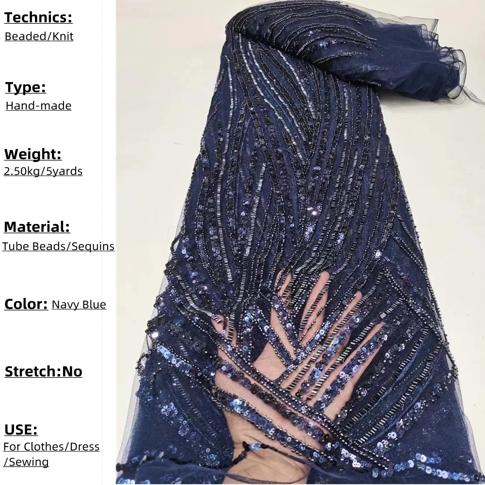 

PGC Navy Blue Women's Hand-Made Sewing Material 5 Yards Tube Beads High Quality Sequins Nigerian Lace Fabric For Wedding RF0004