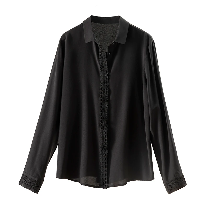 

Летняя черная рубашка из натурального шелка, женские Кружевные блузы с соединением, элегантные однобортные классические рубашки
