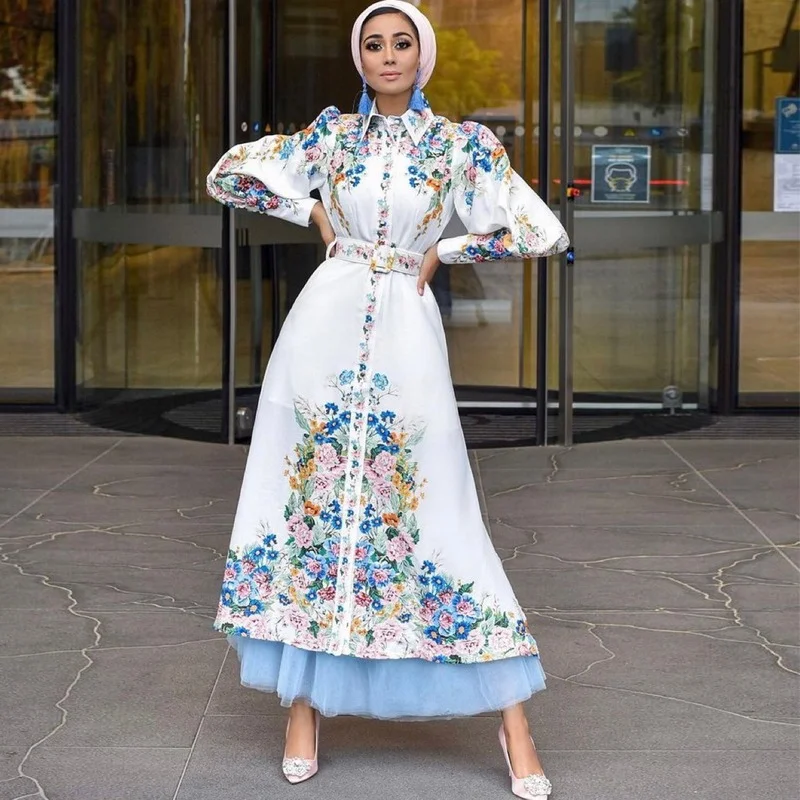 Европейская одежда мусульманское платье женское мусульманское модное платье хиджаб с принтом Abayas для женщин Дубай Abaya мусульманская одежд...