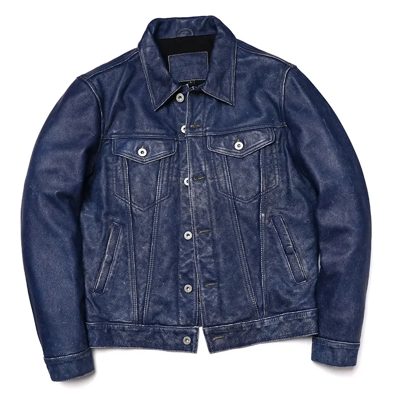 

New Vintage Blue Denim Genuine Leather Jacket Men's Tooling style Real Cowhide Slim Clothing Natural Calf Skin Thick Clothes
