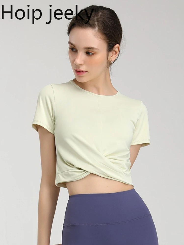 

Hoip Jeeky Sexy Yoga Tops Retro Short-sleeved Sports T-shirt Women Breathable Thin Tight Stretch Fitness Shirt 2022 Summer Trend