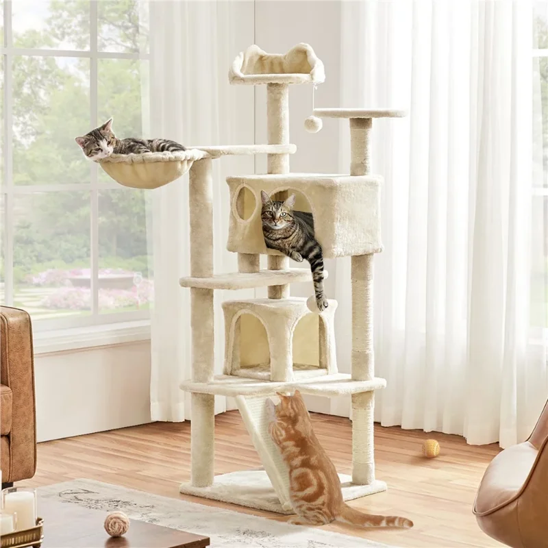 

SMILE MART 57" Double Condo Cat Tree with Scratching Post Tower, cat house cat scratch board（Beige/Brown/Dark Gray）