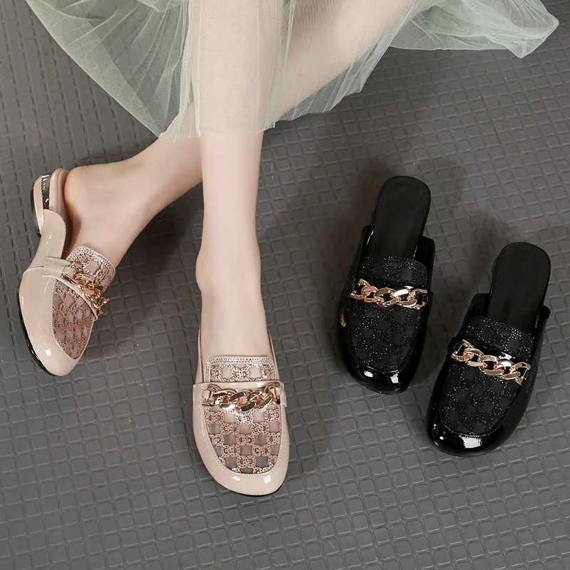 Shackles Decor Rhinestones Summer Slippers Large Sizes Genuine Leather Retro Slides Hollow Wedge Sandals Ladies Outdoor Shoes