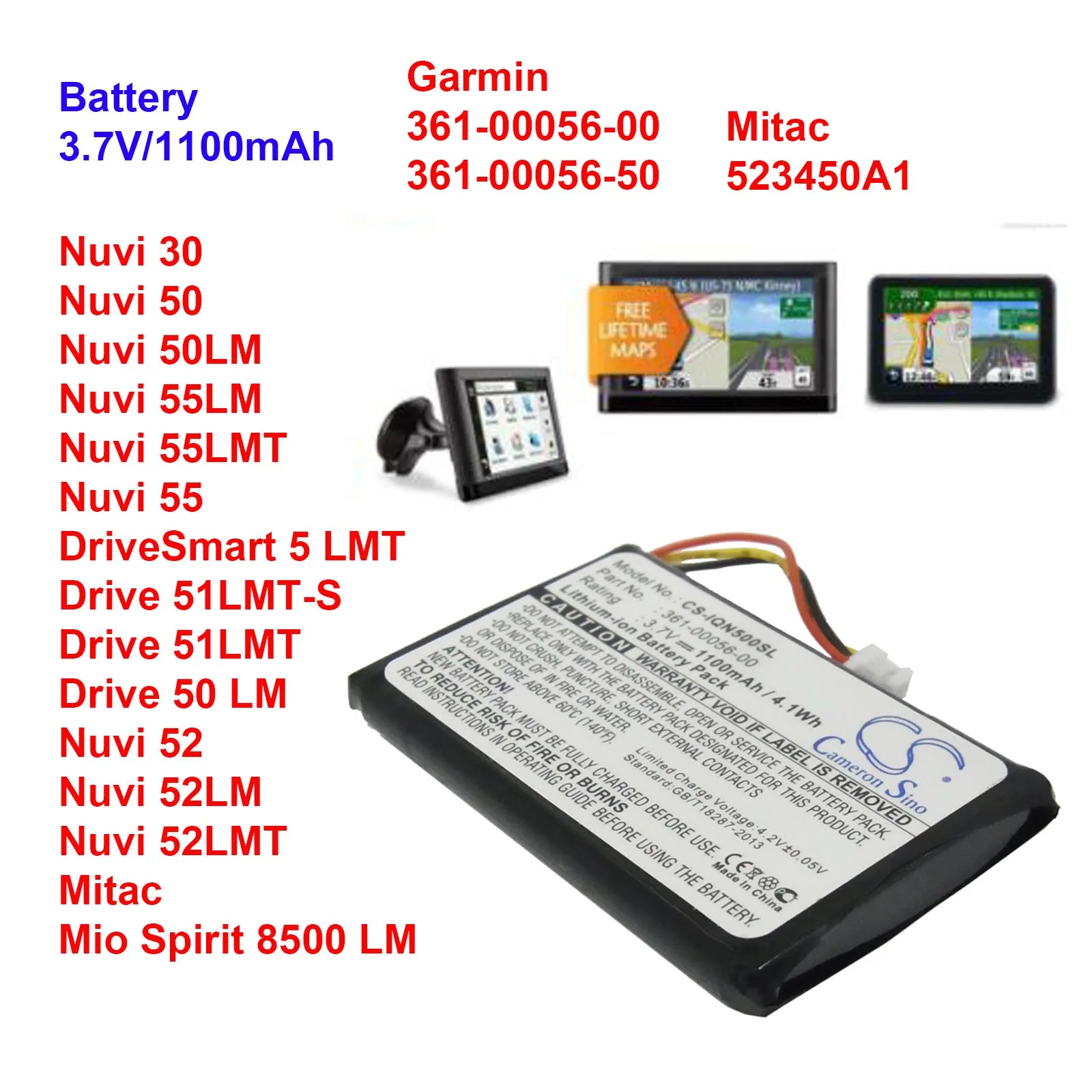 Аккумулятор Cameron Sino 1100 мАч для Garmin Drive 50 лм 51LMT 52LM 52LMT 5 lmt Nuvi 30 Nuvi 50 Nuvi 50LM Nuvi 55 55 лм 55L