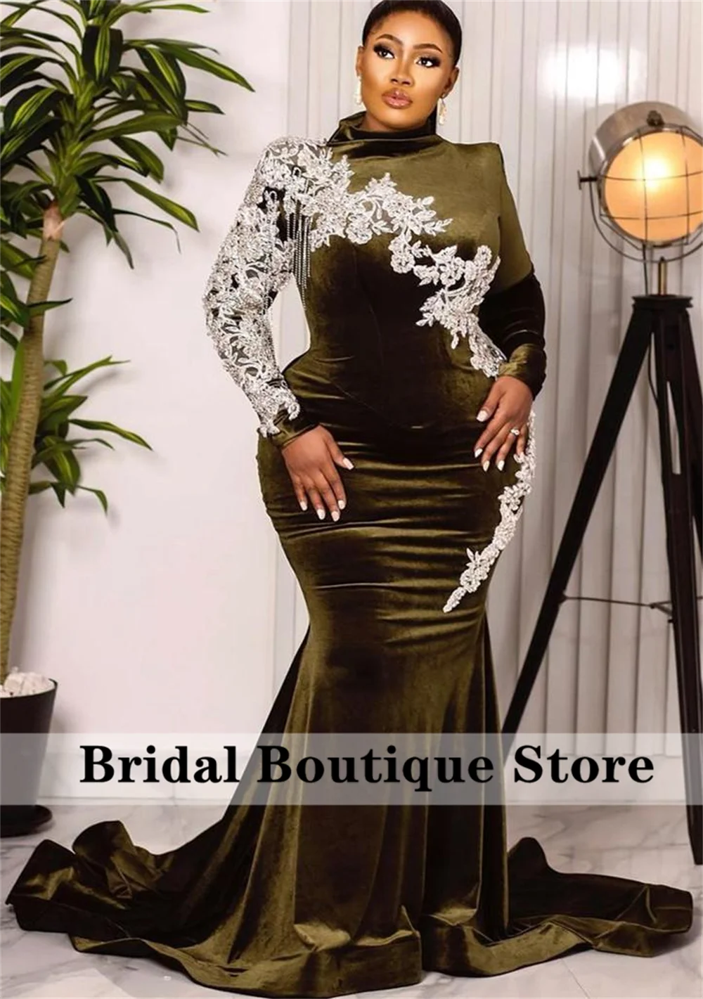 

Aso Ebi Style Green Mermaid Evening Dress Velvet Beads Crystal African Party Gowns Plus Size Vestidos Formales
