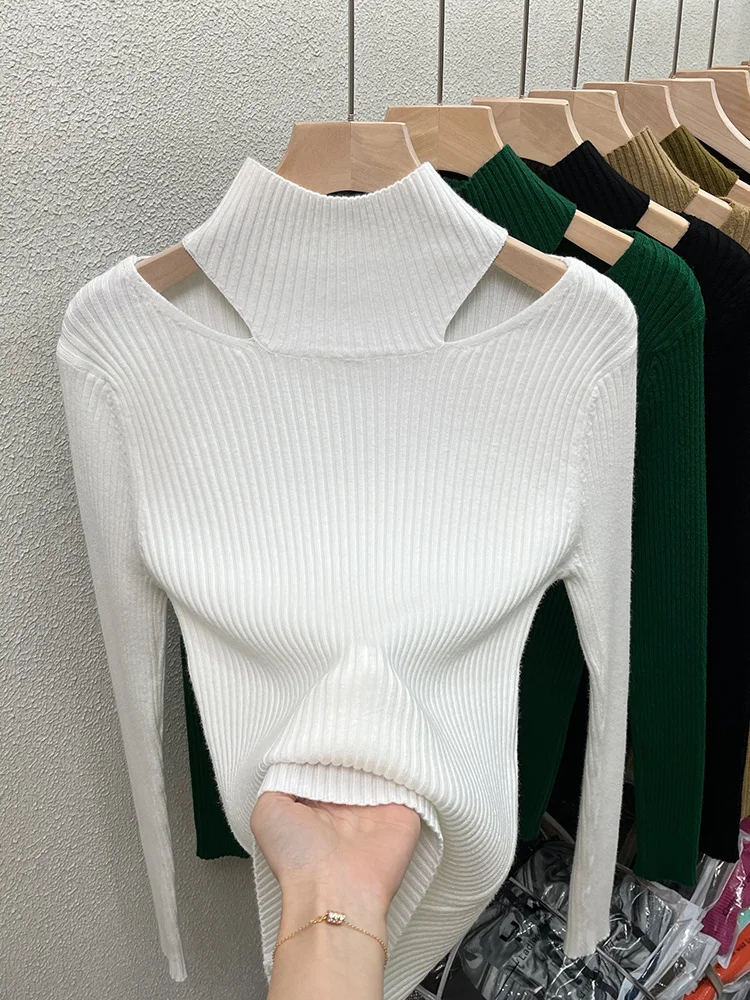 

alf Turtleneck Sweater Knitted Bottoming Shirt Women's Autumn and Winter Fashion Sexy Hollowed-out Off-the-shoulder Top Hot sale
