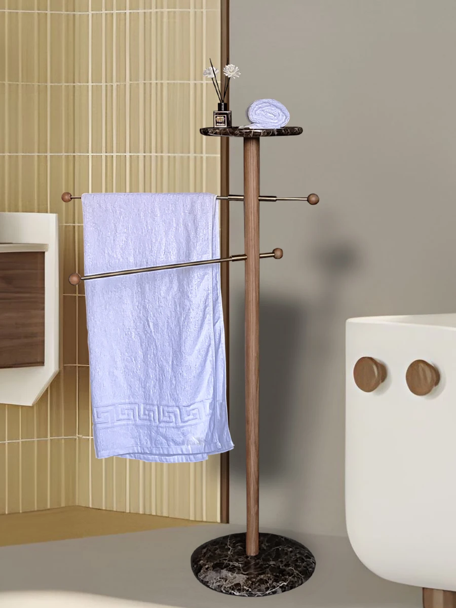 

Bathroom punching free storage rack Solid wood floor pull-up towel storage rack Marble base rack next to bathtub