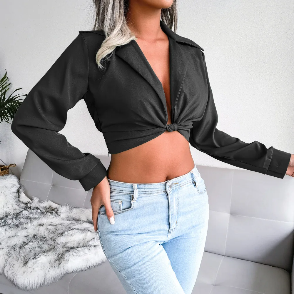 

Sexy V-neck solid color top Women's long sleeve knot casual shirt