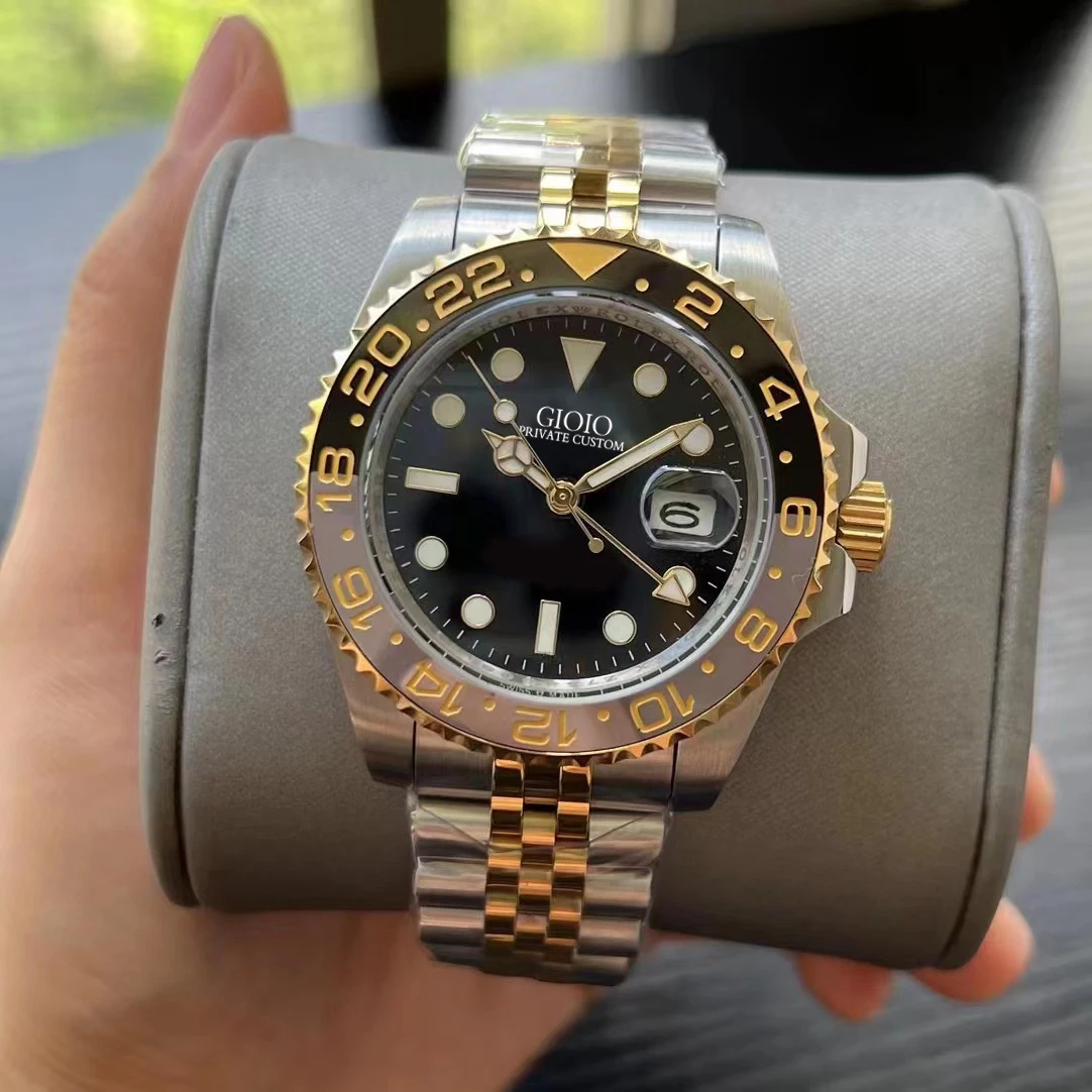 

2023 New Mens Automatic Mechanical Watch Yellow Gold Stainless Steel GMT Ceramic Bezel Sapphire Glass 40mm