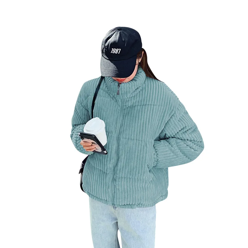 Winter Thick Warm Cotton-Padded Coat Women Down Cotton Outerwear Pink Stand Collar Short Corduroy Parkas Female Casual