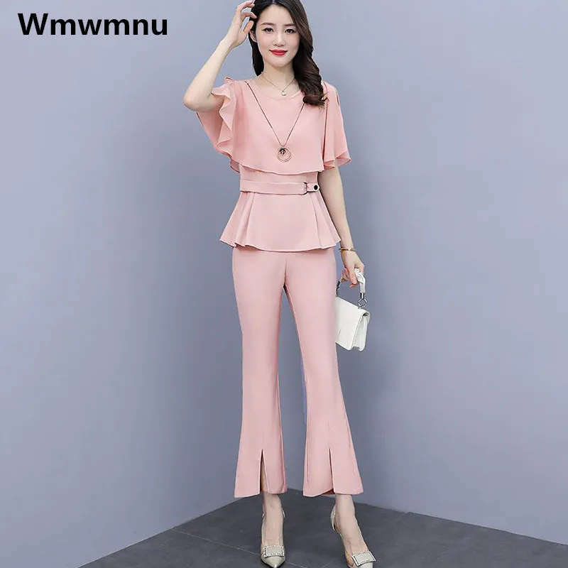 

New 2 Piece Sets Summer Women Batwing Sleeve Blouse Suits High Waist Split Flare Ankle-length Pants Ensemble Office Conjunto