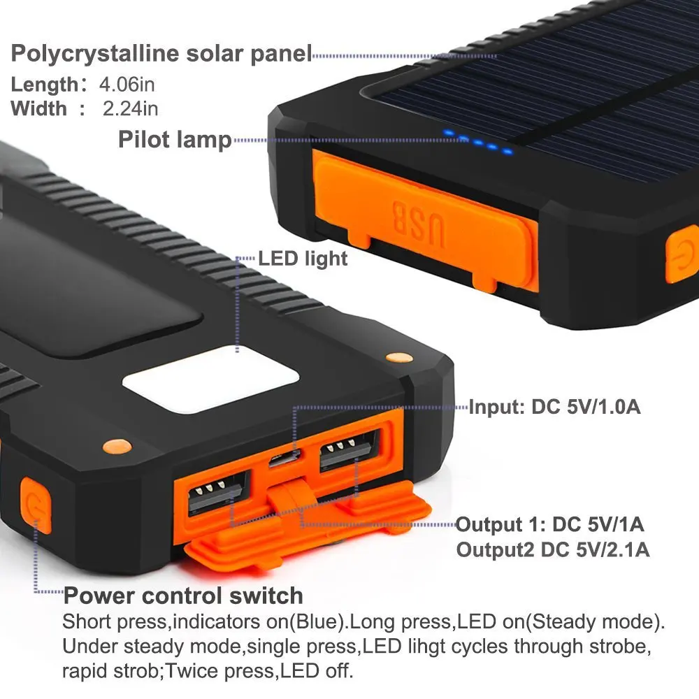 Solar Power Bank Waterproof 50000mAh Solar Charger USB Ports External Charger Powerbank for Xiaomi 5S Smartphone with LED Light