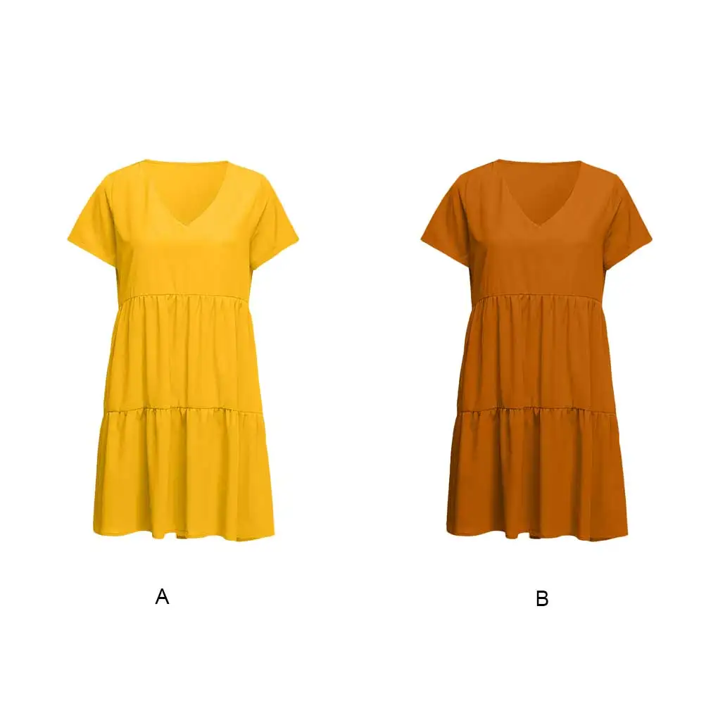 

Женское платье с коротким рукавом, однотонное офисное платье до колена с оборками, лето