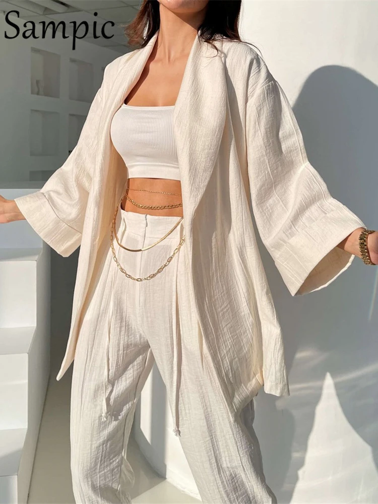 

Sampic Casual Tracksuit Women Summer Pants Set 2022 Outfits Long Sleeve Loose Shirt Tops And High Waist Pants Two Piece Set