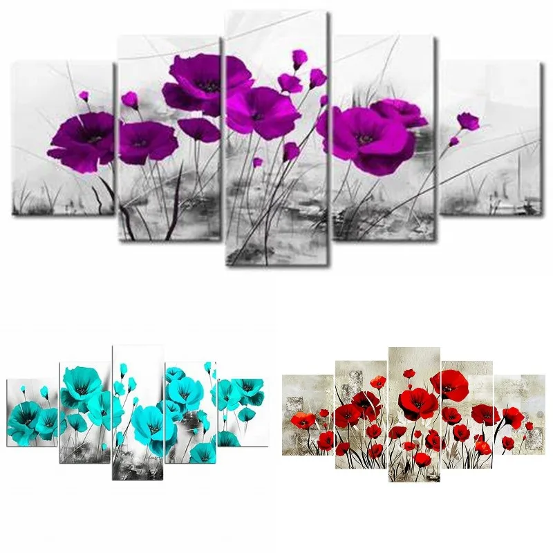 Алмазная 5D картина 95*45 см красные маковые цветы синие фиолетовые алмазная