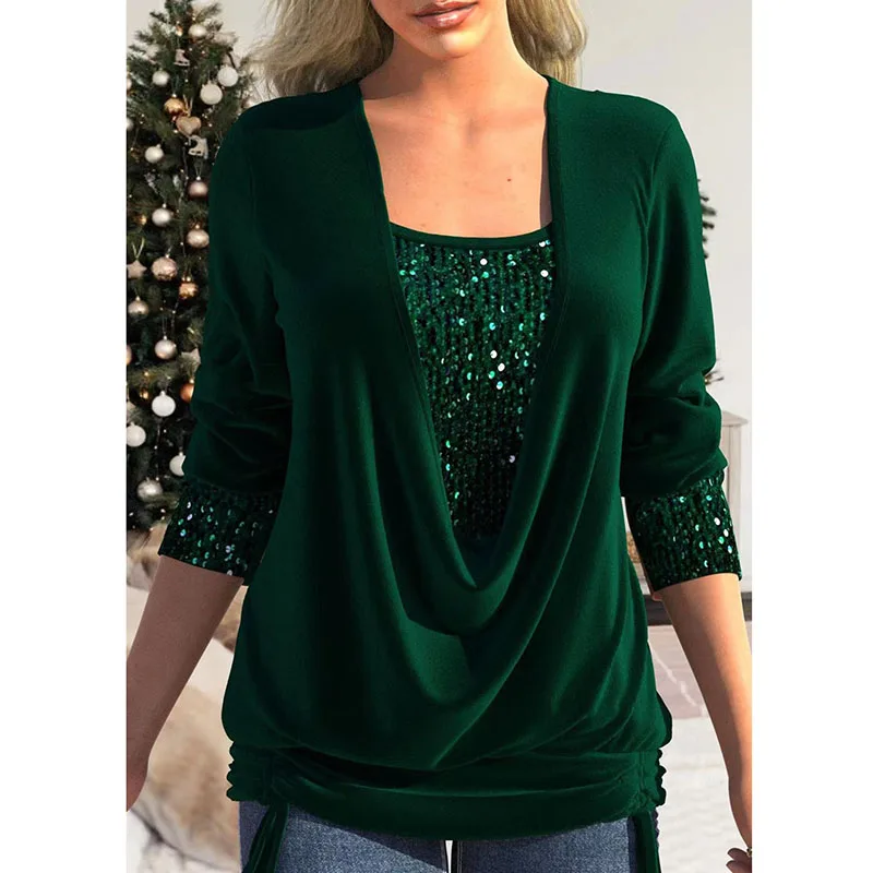 

Lucyever Women V Neck Sequins Blouse 2023 New Fashion Patchwork Drawstring Shirt Blusa Female Spring Summer Long Sleeve Pullover