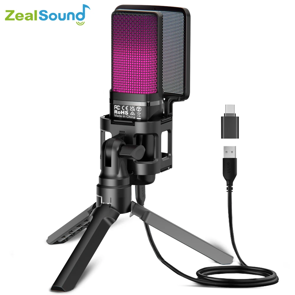 Zealsound RGB USB Gaming Condenser Microphone For PC PS4 PS5 Mac with Pop Filter And Headphone Output,Mic for Laptop/Computer