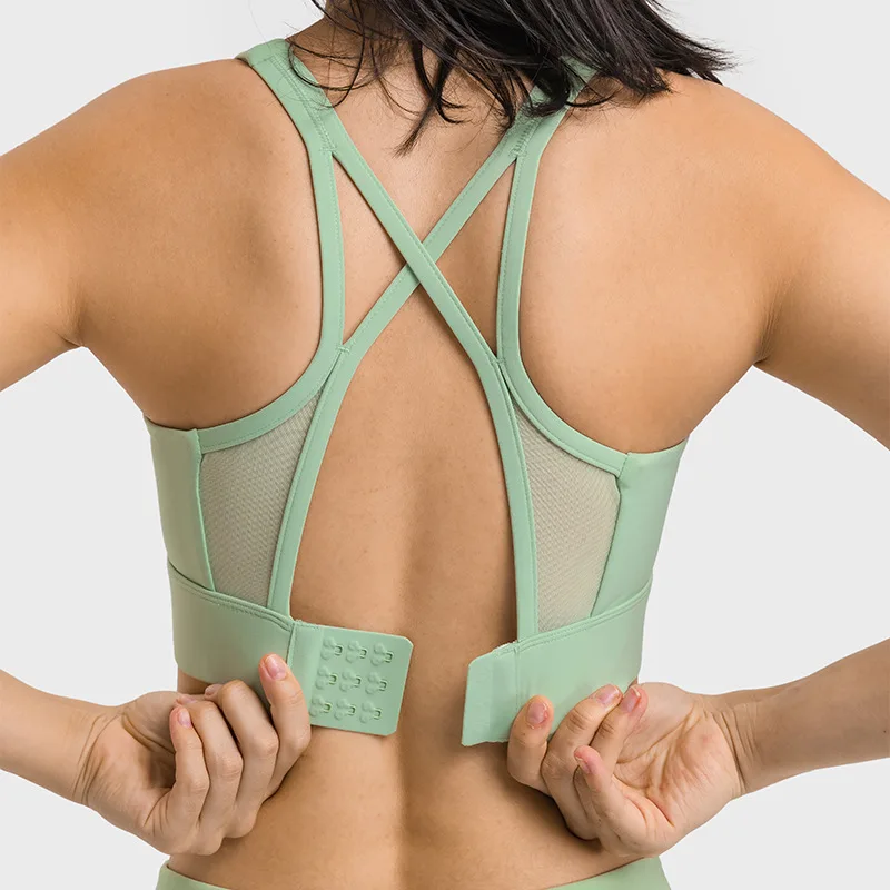 

Solid Color Fitness Bra Women Soft Mesh Hollow Buckle Sports Tank Gym Underwear Tight Crop Top Workout Training With Chest Pad