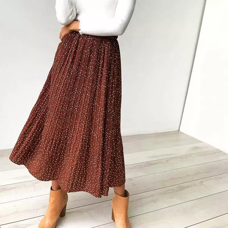 New in Dots Floral Print Pleated Midi Skirt Women Elastic High Waist Side Pockets Skirts Summer 2022 Elegant Female Bottom jacke