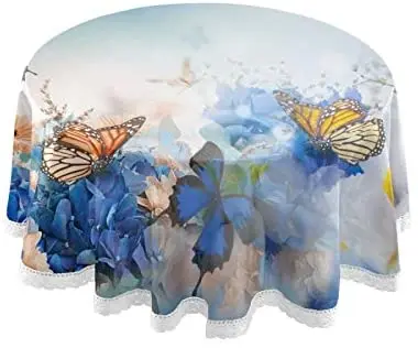 

Blue Butterfly Floral Round Tablecloth Washable Polyester Lace Trim 60 Inch Kitchen Circle Table Cloth Cover Mat for Party Decor