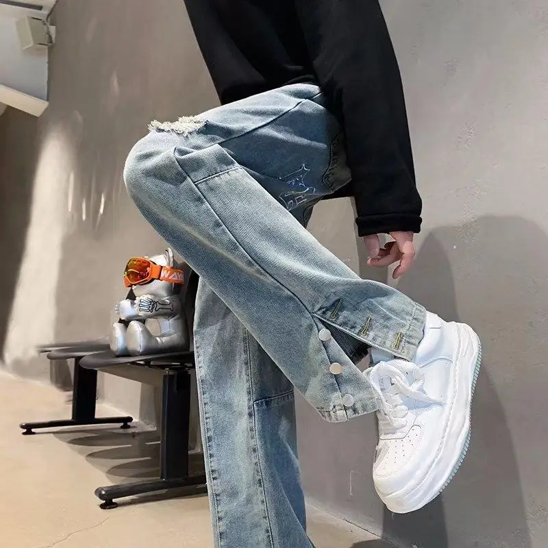 Fashion Street Style Ripped Jeans Men Vintage Wash Solid Denim Trouser Mens Casual Slim Pencil Denim Pants Y2k