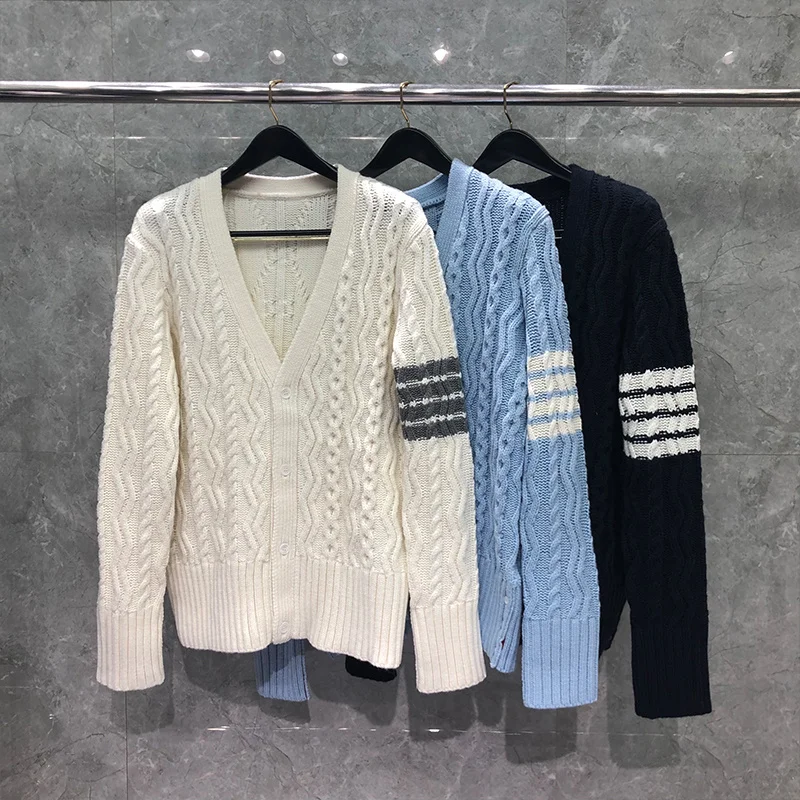 TB THOM Korean Design Men's Coat Fine Merino Wool Aran Cable Stripe V-Neck Cardigan Harajuku Women's Sweater