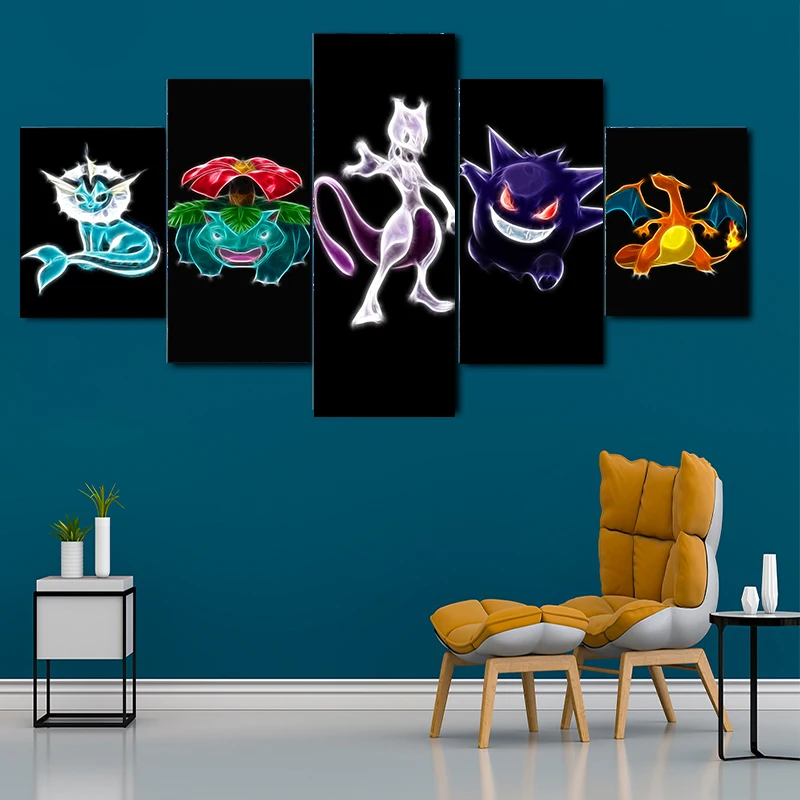 5 панелей Покемон Настенная картина на холсте Аниме игра Mewtwo Venusaur Charizard картин