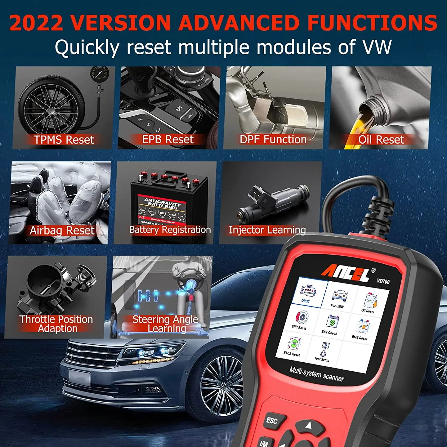 Автомобильный сканер ANCEL VD700 для всех систем OBD2 VAG VW Audi TPMS масла ABS EPB DPF TPS сброс