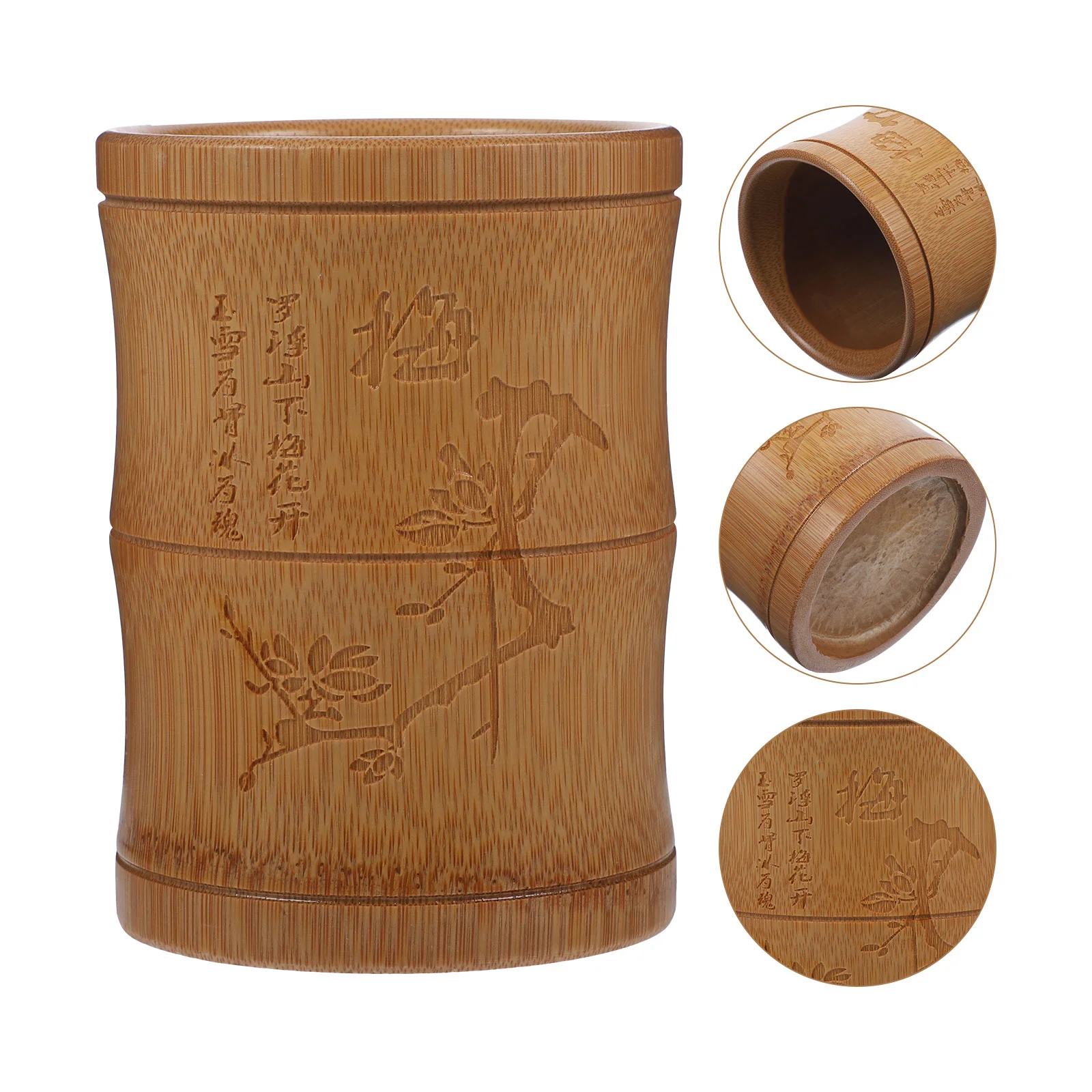 

Small Pen Bamboo Holder Cosmetics Storage Bucket Stationery Organizer Carving Container Desktop