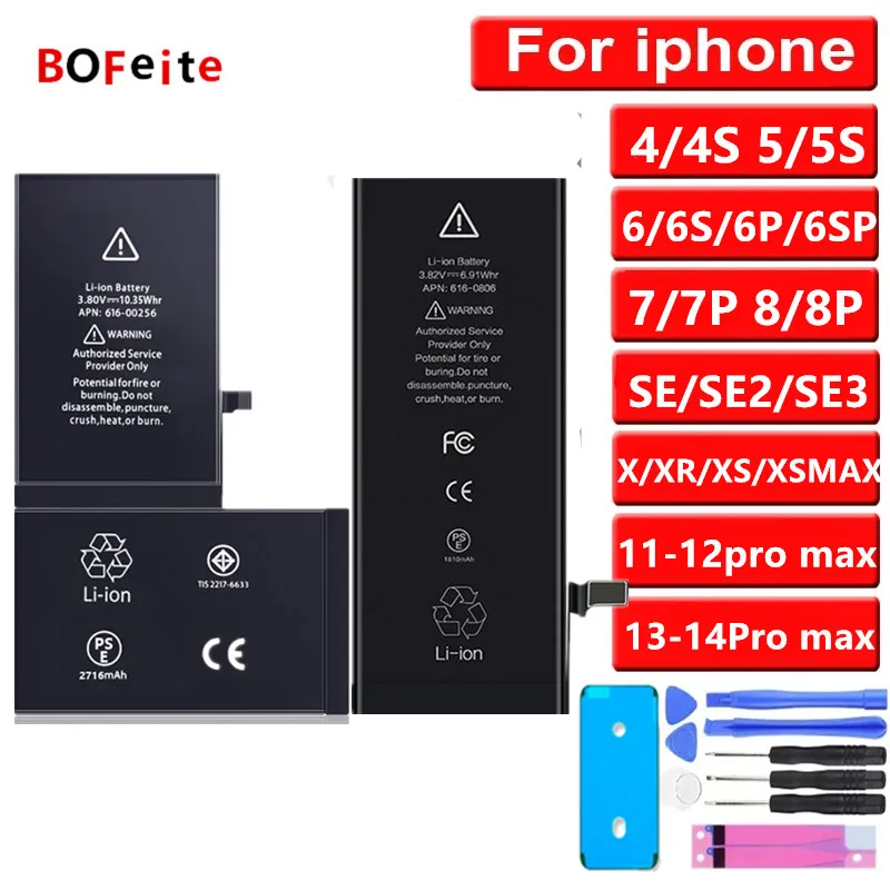 

100% Original Battery For iPhone X XR XS 11 12mini 13pro 14 Pro max Replacement Bateria for apple 5S 6S 7 8PLSU