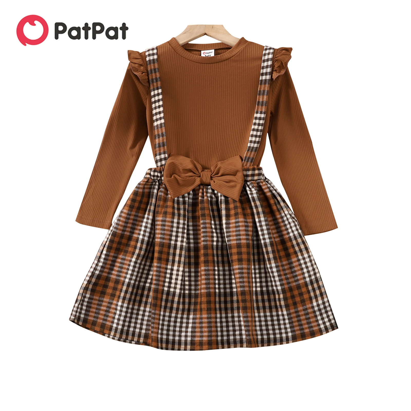 

PatPat 2pcs Kid Girl Ruffled Ribbed Tee and 3D Bowknot Design Plaid Suspender Skirt Set