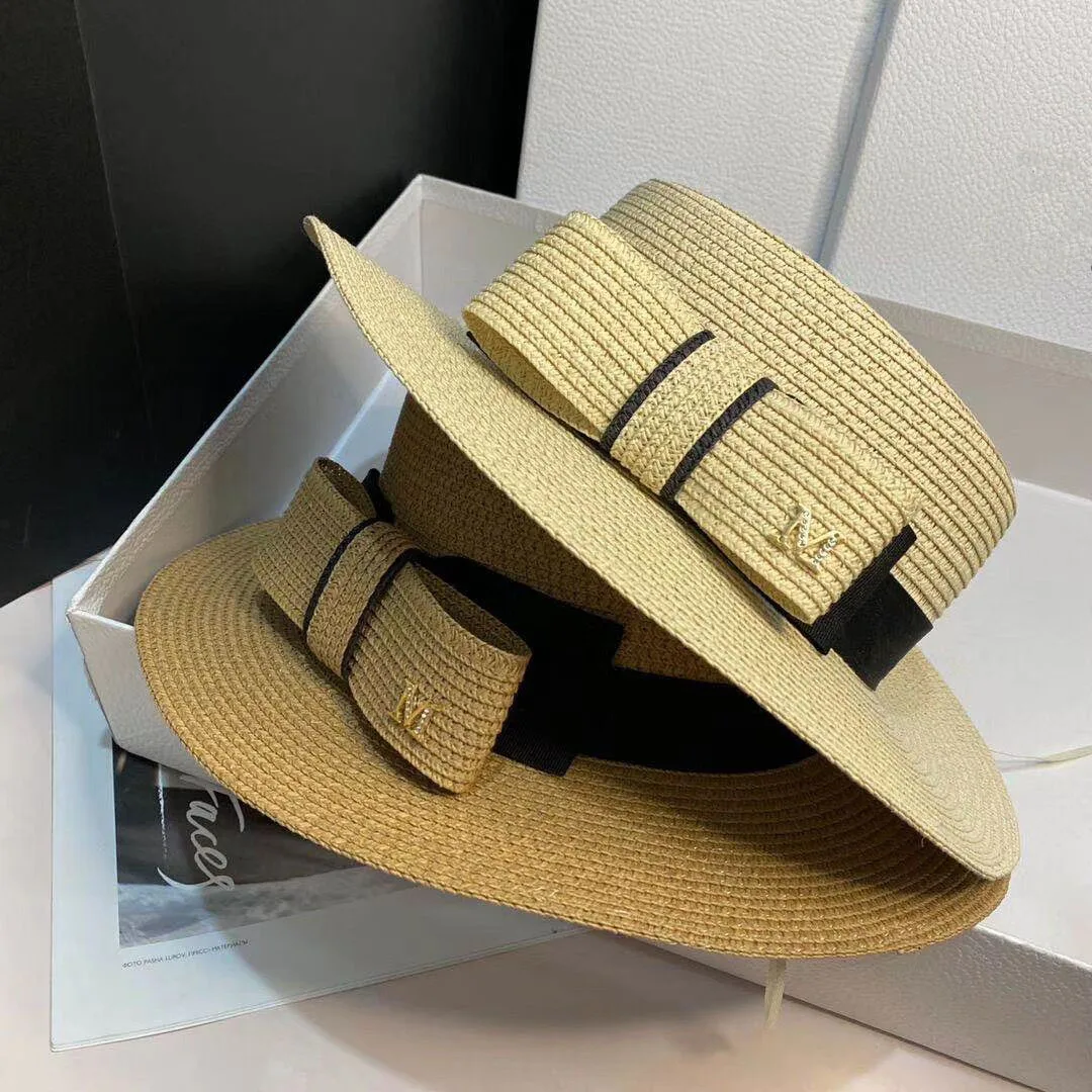 

M Letter Sun Hats For Bow Knot Flat Top Letter Elegant Top Hat Female Sunscreen Seaside Holiday Sunshade Hats for Women 2022