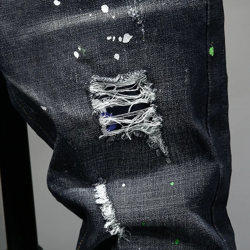 Ripped Denim Luxury Designer Slim Jeans Men's Washed Tapered Brushed Motorcycle Straight Pants Male Black Jean trousers for men