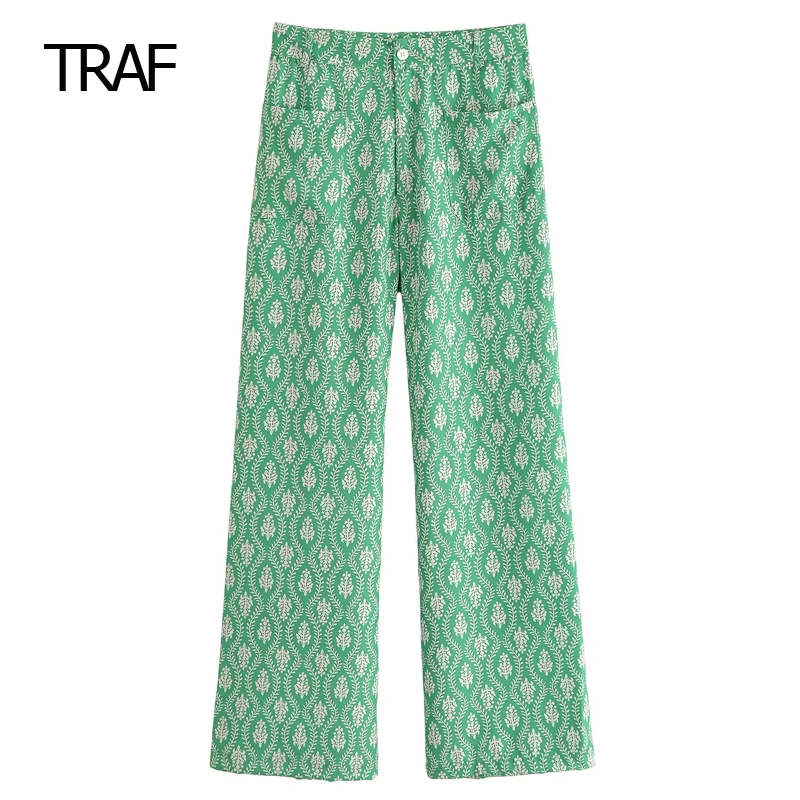 

TRAF Women's Pantalona Pants Summer 2023 Wide Leg High Waist Green Tie-Dye Patining Fashion Korean Style Baggy Ladies Trousers