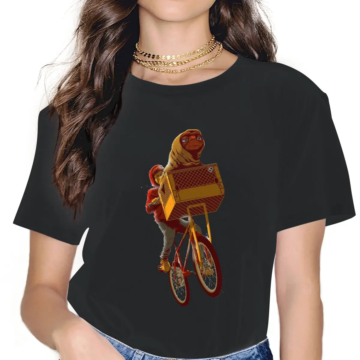

Creative Bike Fly T-Shirt for Women Round Neck T Shirt E.T. the Extra-Terrestrial Alien Film Short Sleeve Tee Shirt