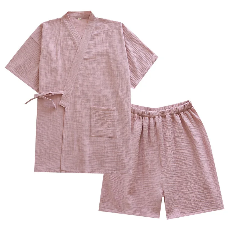 

Пижамный комплект для пар, тонкое летнее хлопковое кимоно с коротким рукавом, топы и шорты для сна, домашний костюм для мужчин и женщин, дома...