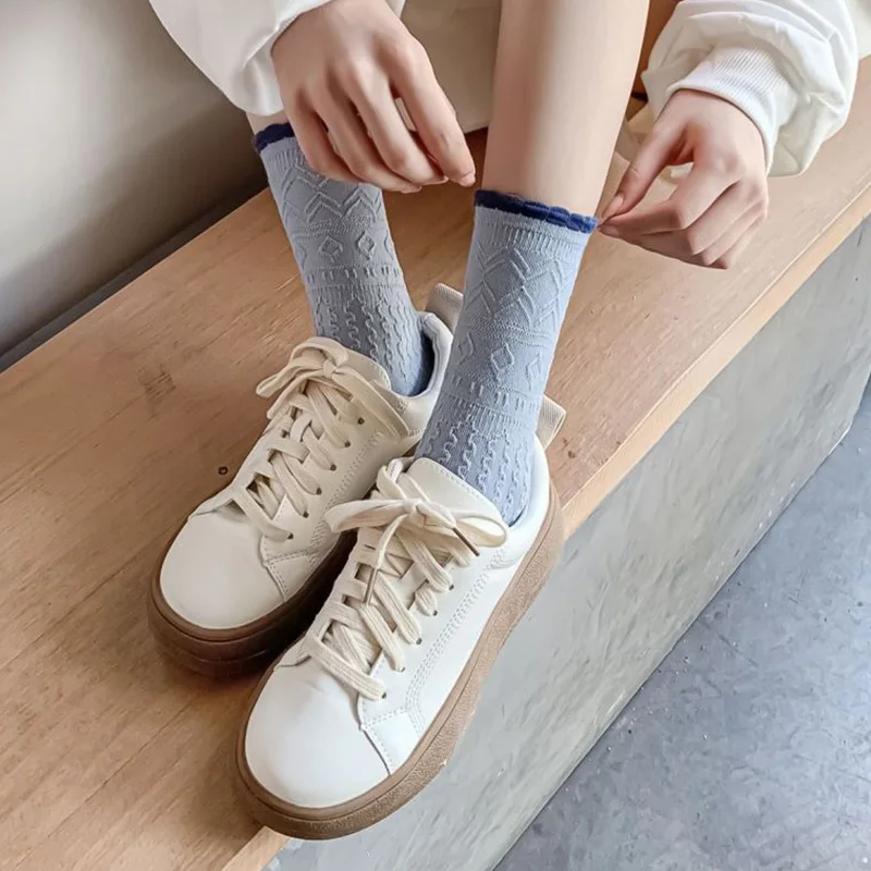 5 Pair Women Socks Wholesale Lot Geometric Patterns Winter Long Cotton Lolita Fashion Socks Set Girl Style Kawaii Sokken Vrouwen