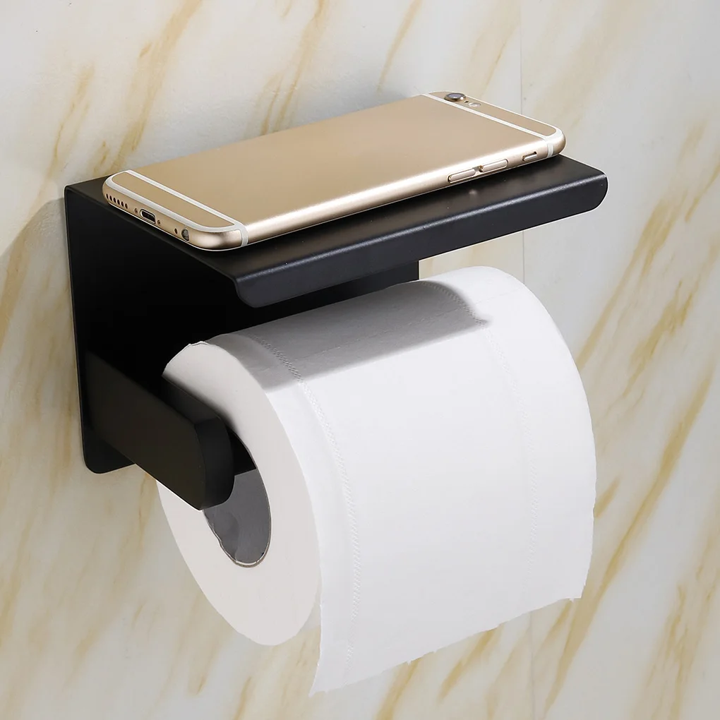 

RecabLeght Wall Mounted Black Toilet Paper Holder Tissue Paper Holder Roll Holder With Phone Storage Shelf Bathroom Accessories