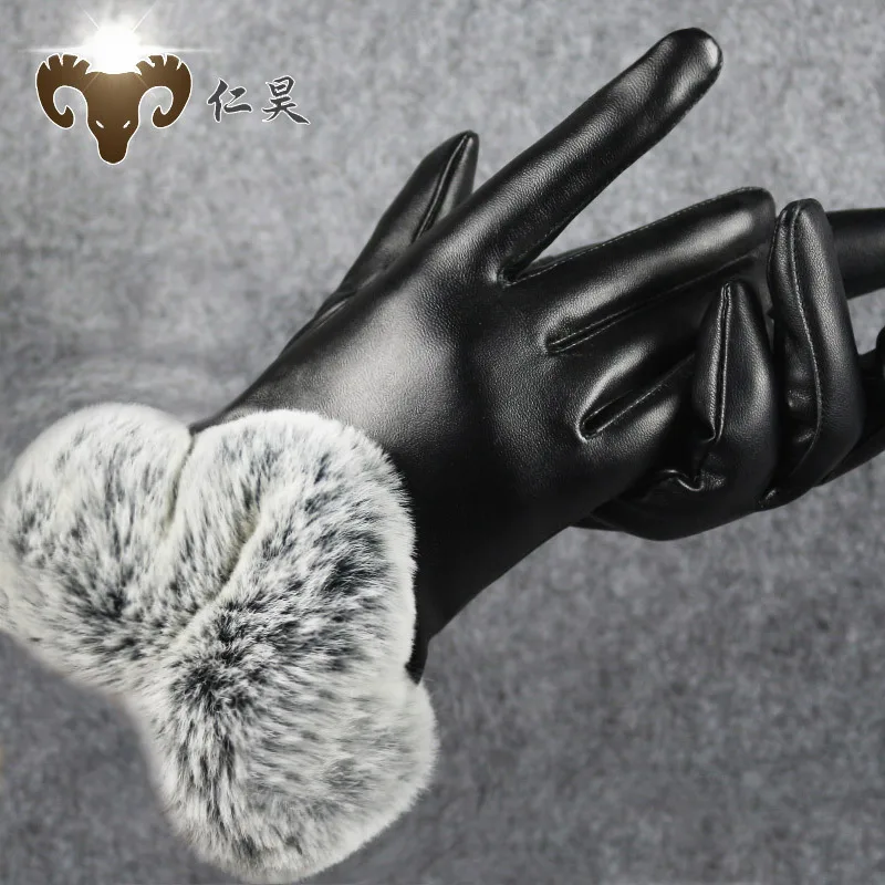 Black Touch Screen PU Leather Gloves Autumn Winter Lady Warm Rabbit Fur Party Mittens High Quality Gloves