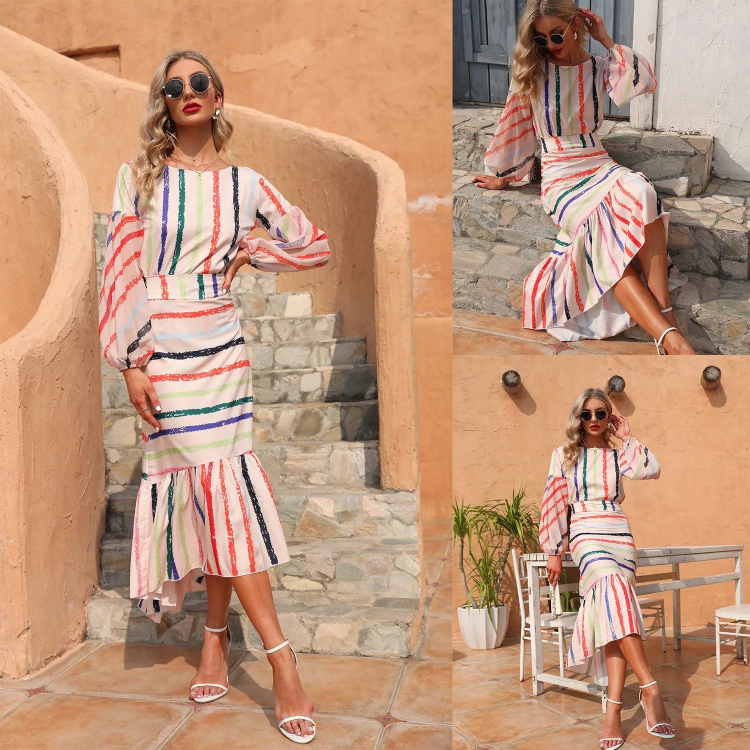 

2022 Summer for Women Dress Suits O-Neck Striped Print Mermaid Skirt Elegant Ladies Maxi Party Leisure Lovely Vacation Sets