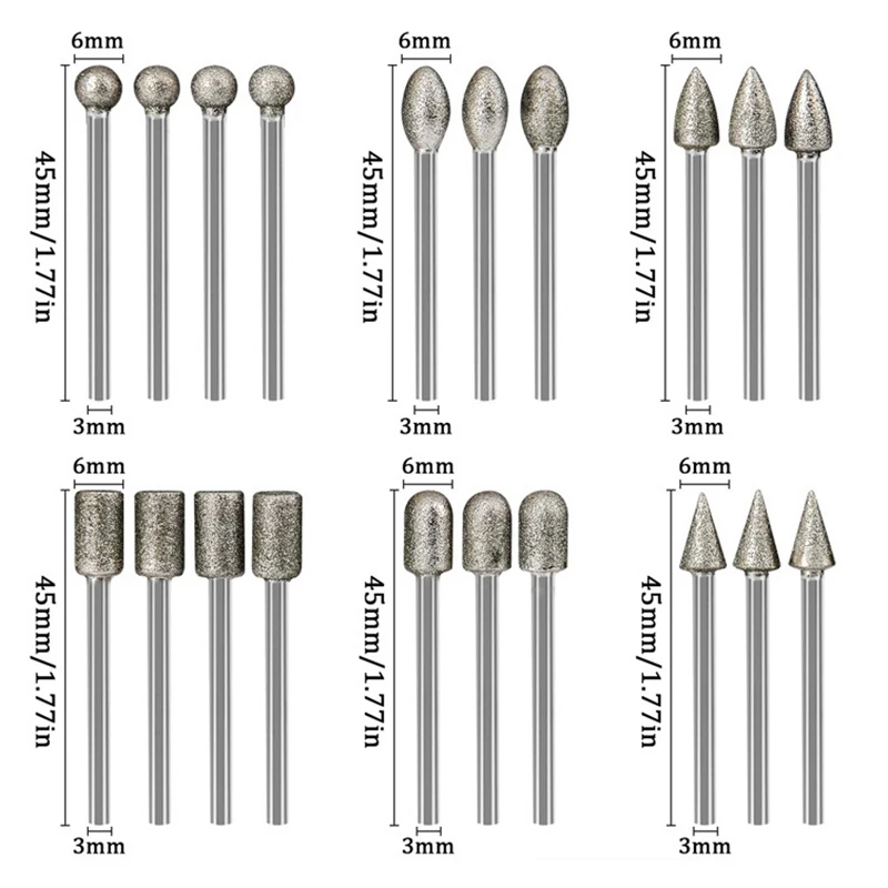 

20 шт., набор алмазных сверл, шлифовальных бит, мини-сверла, набор заусенцев для вращающегося инструмента, шлифовальные принадлежности, хвостовик 3 мм