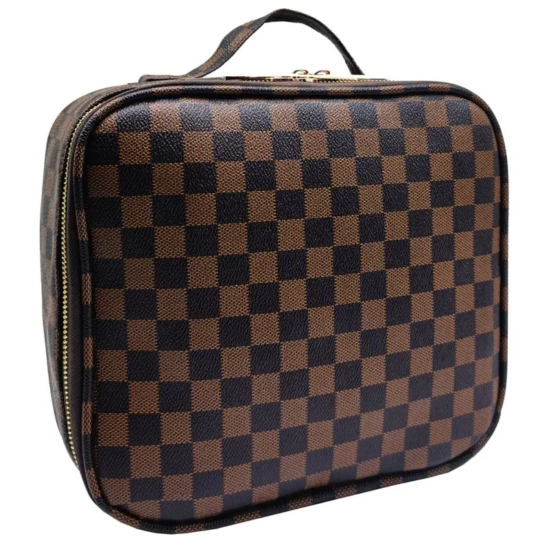 Checkered Makeup Organizer Cosmetic Bags Woman Portable Toiletry Travel Bag with Adjustable Partition For Tools , Jewelry ,Brown