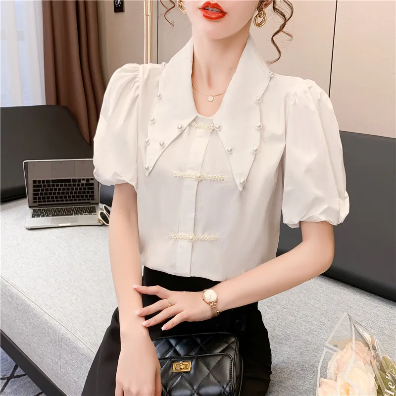 

2022 Summer Comfort Women's Shirt Beaded Lapel Fashion Lady Blouse All-match Short-sleeved Shirt Blouse Blusas Mujer